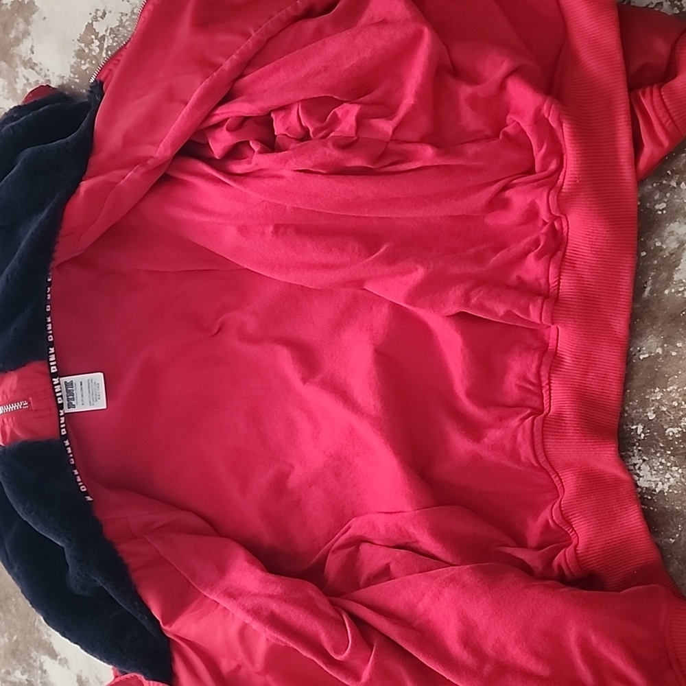Pink VS Lightly Lined Faux Fur Hooded Bomber Jacket. Oversized S - Picture 10 of 11